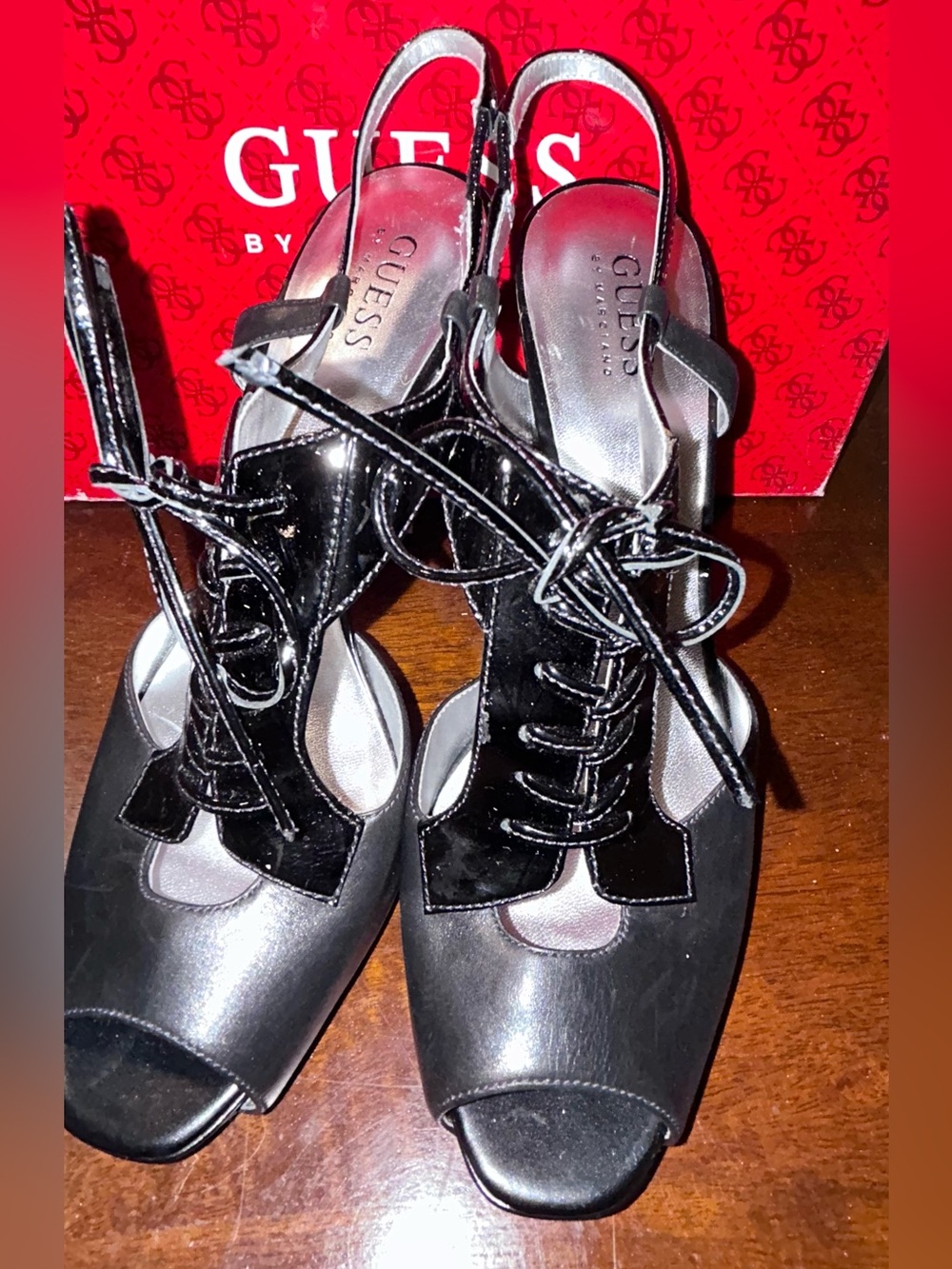 GUESS Black Lace-Up Open Toe Slingback Heels